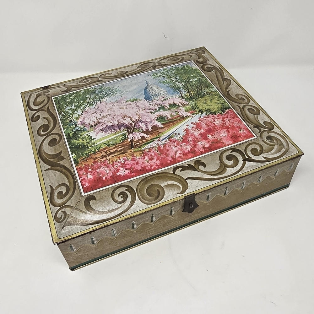 Vtg Sunshine biscuit‎ tin box the capitol cherry trees lided scenery storage